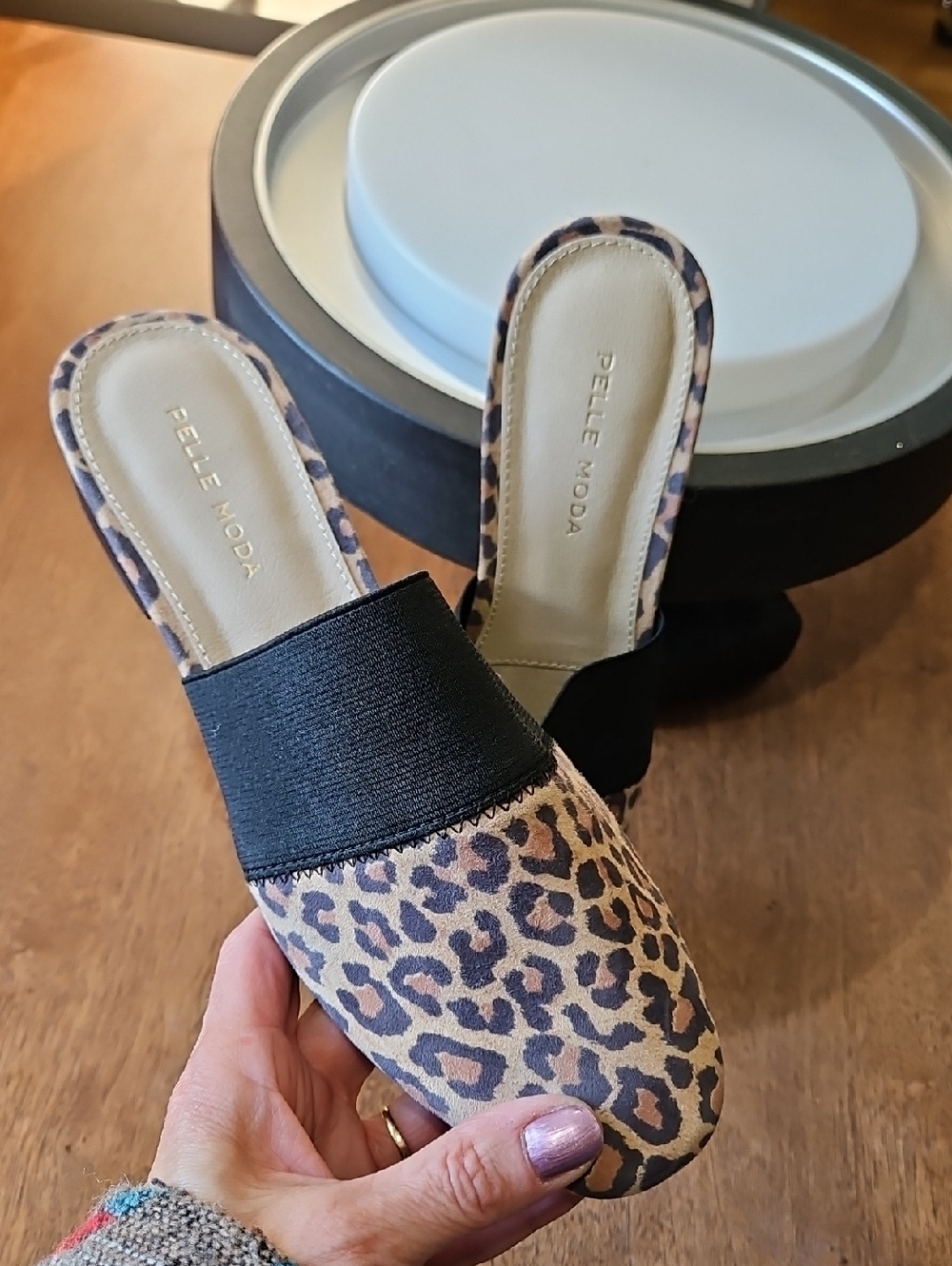 Pelle Moda Leopard-Print Slip-On Mules with Black Elastic